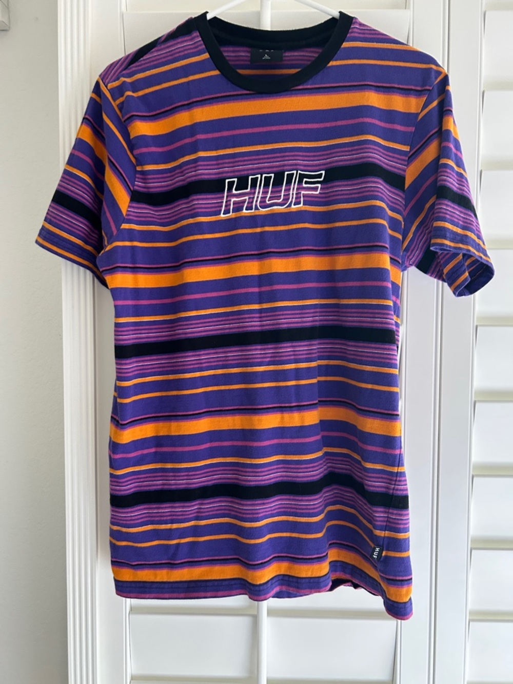 HUF Striped Crewneck Tee in Purple, Orange & Black